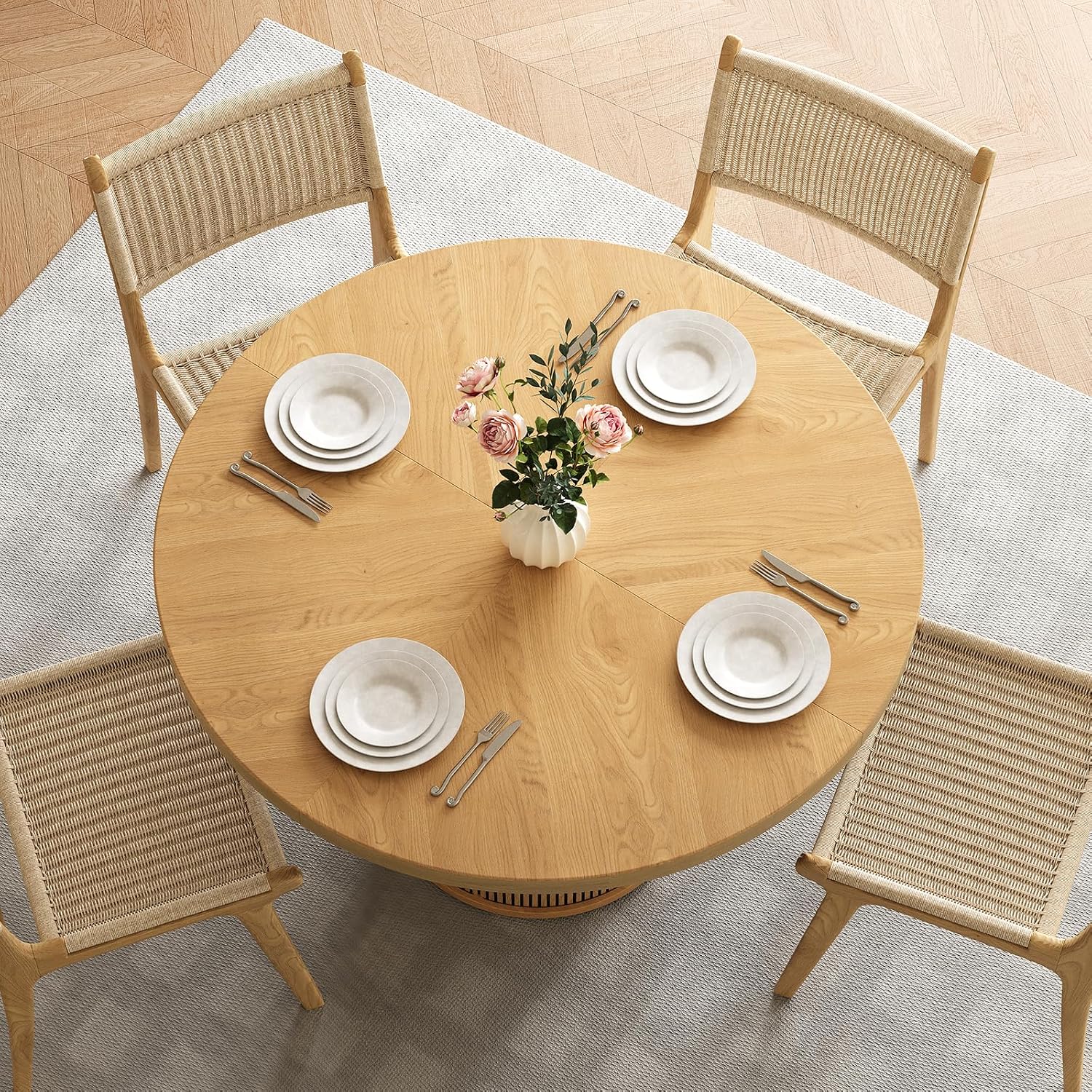 47 inch Round Dining Table for 4, Farmhouse Kitchen Table with 2-Layer Storage Shelf and Wood Slide Door Modern Dinner Table or Home Dining Room Living Room (Natural)