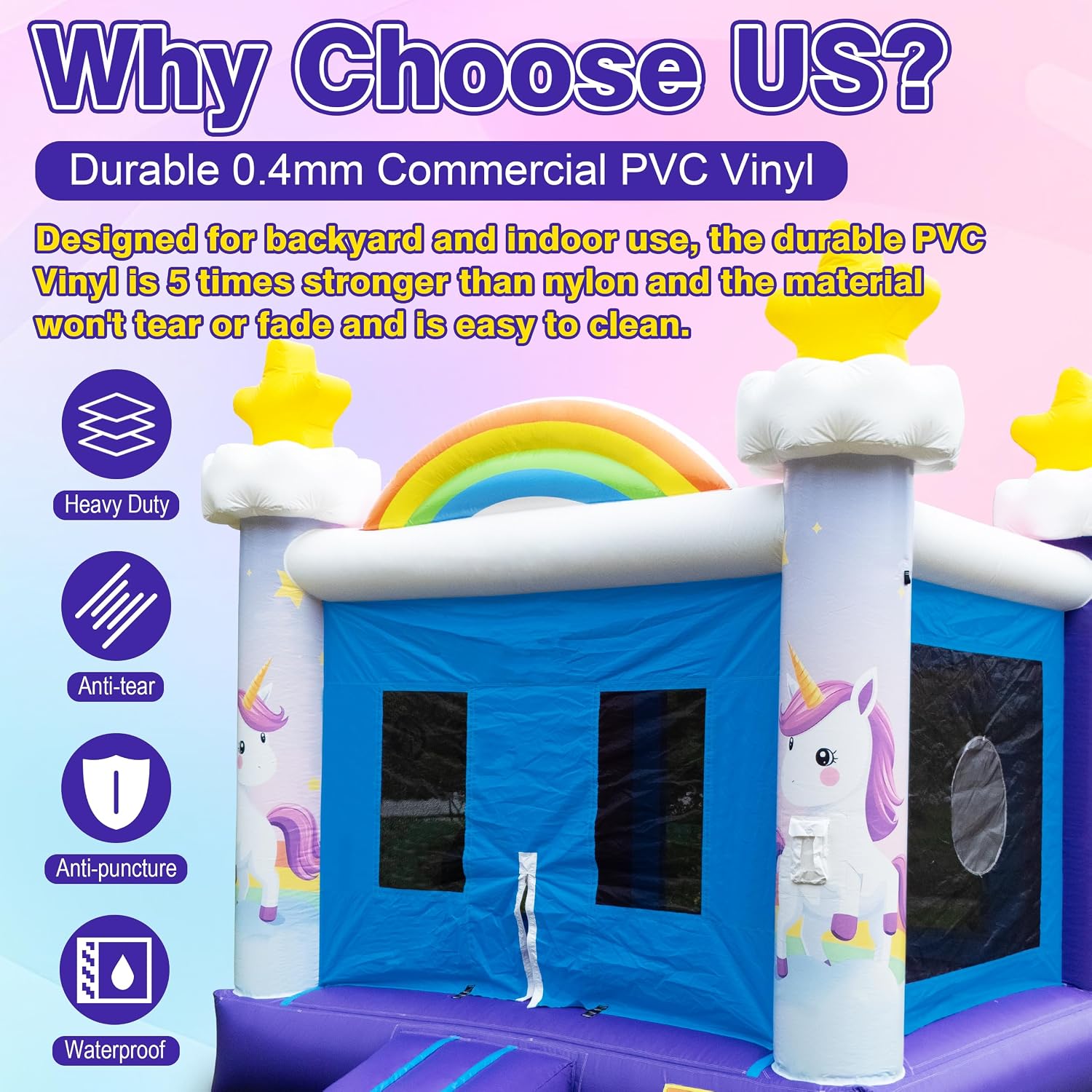 Inflatable Commercial Grade Bounce House: 13FT(L) Large Bouncy Castle for Adults and Teenagers- 750W Blower, Basketball Hoop, Premium PVC, Rainbow Style - for Backyard Outdoor Indoor