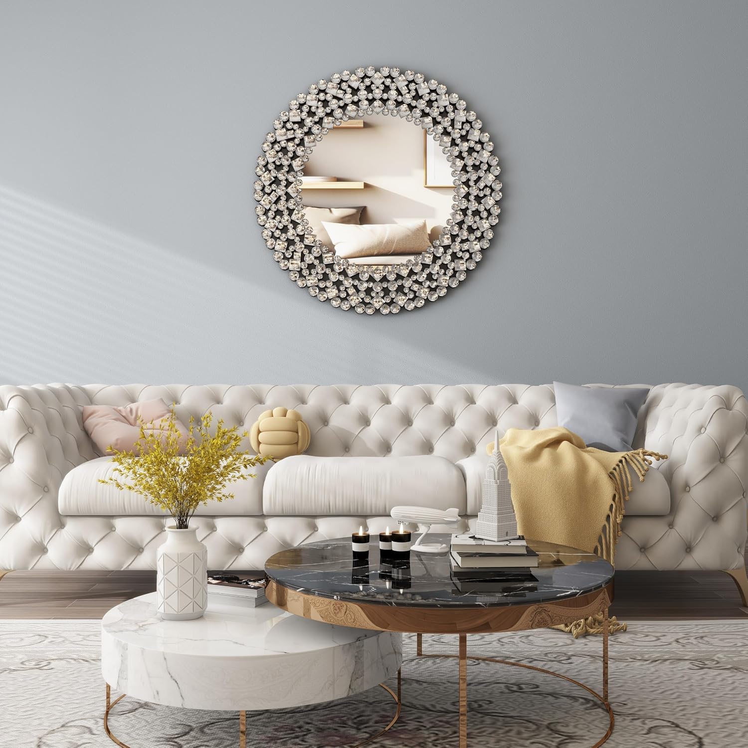 SHYFOY 34' Round Mirrors for Wall Decor,Oversize Jeweled Ornate Wall Mirror Decorative Accent Mirror Chic and Sparkly for Living Room Bathroom Bedroom Fireplace Home Decor