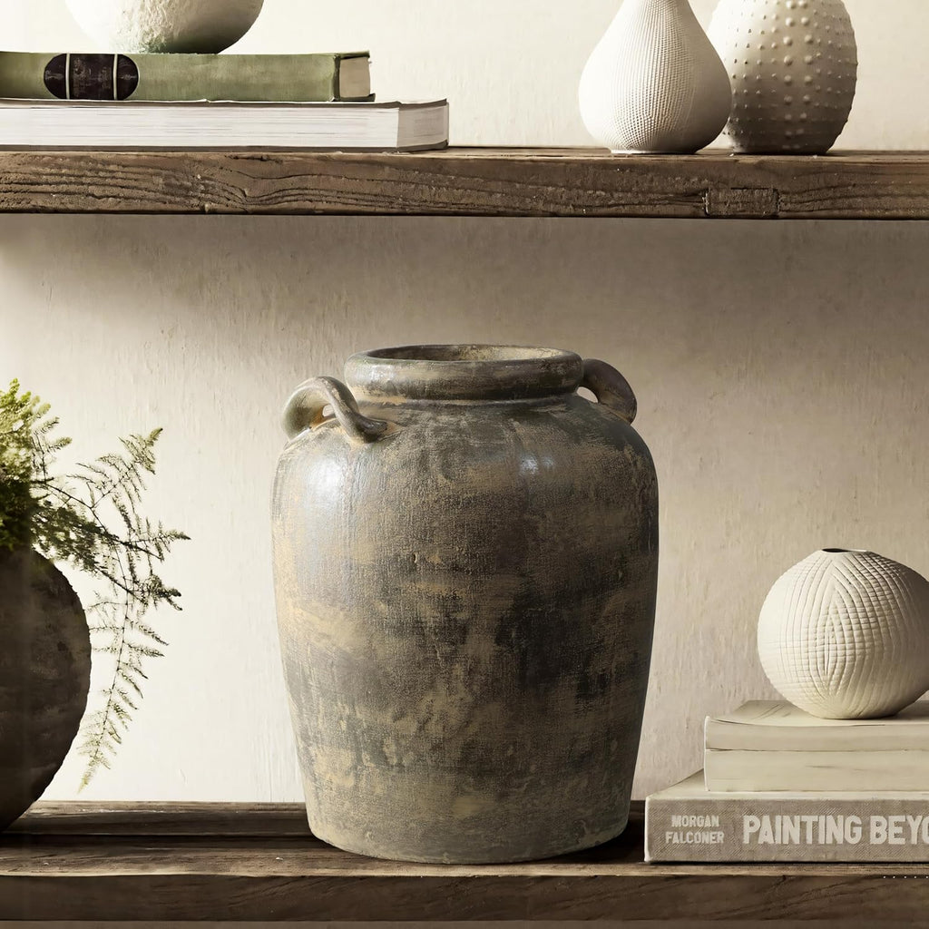 LuxenHome Vintage Ceramic Flower Vase,15''Tall Farmhouse Jug Brown Large Vases for Room Decor,Rustic Terracotta Vase Entry Way Table Home Decor Living Room Home Décor Accents