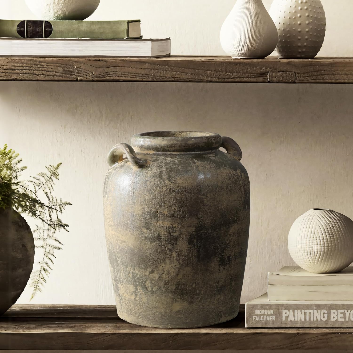 LuxenHome Vintage Ceramic Flower Vase,15''Tall Farmhouse Jug Brown Large Vases for Room Decor,Rustic Terracotta Vase Entry Way Table Home Decor Living Room Home Décor Accents