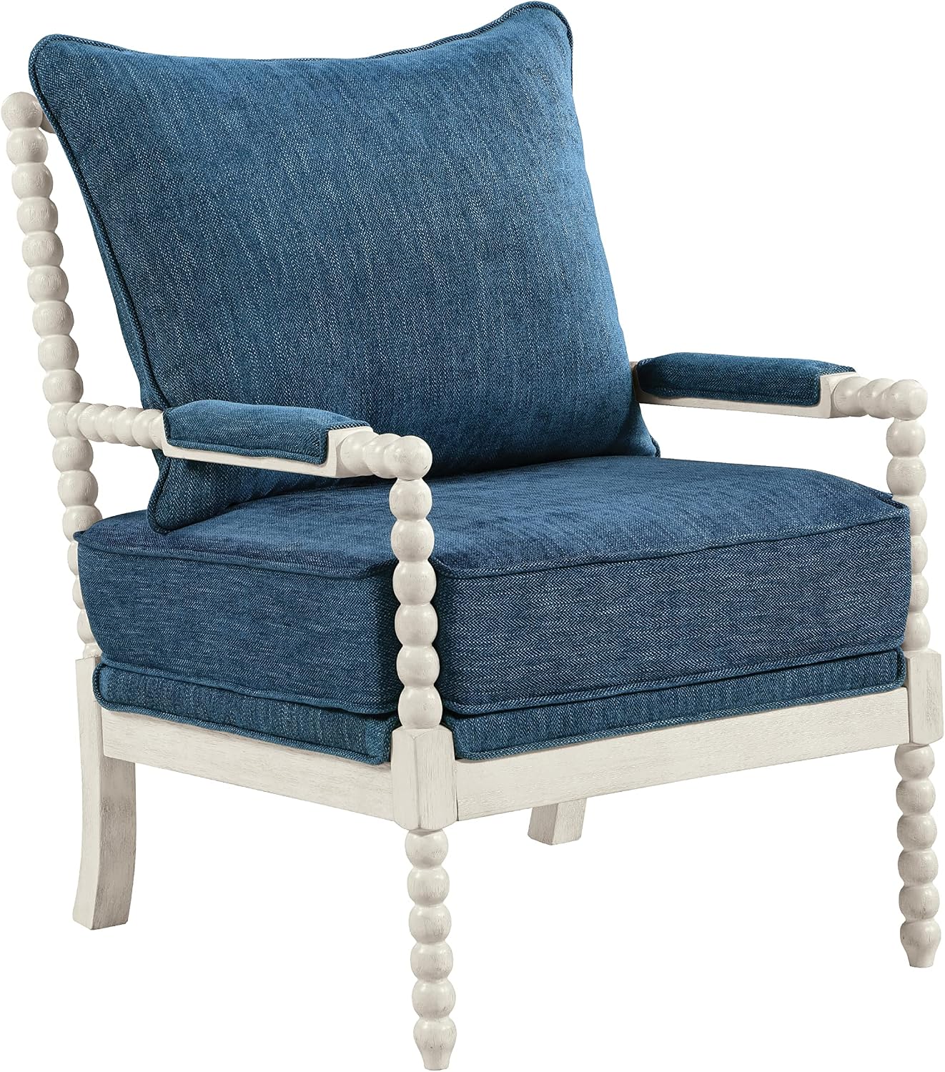 OSP Home Furnishings Kaylee Spindle Accent Chair with Antique White Wood Frame, Navy Blue Fabric