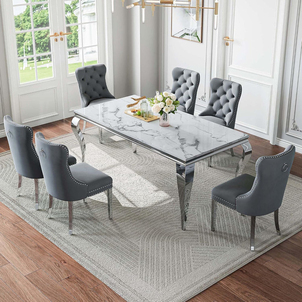 Marble Dining Table Set for 6,70' White Faux Marble Kitchen Table and Velvet Chairs for 6,7 Piece Luxury Dining Room Table Set and 6 Grey Tufted Dinning Chairs with Silver Stainless Steel Legs