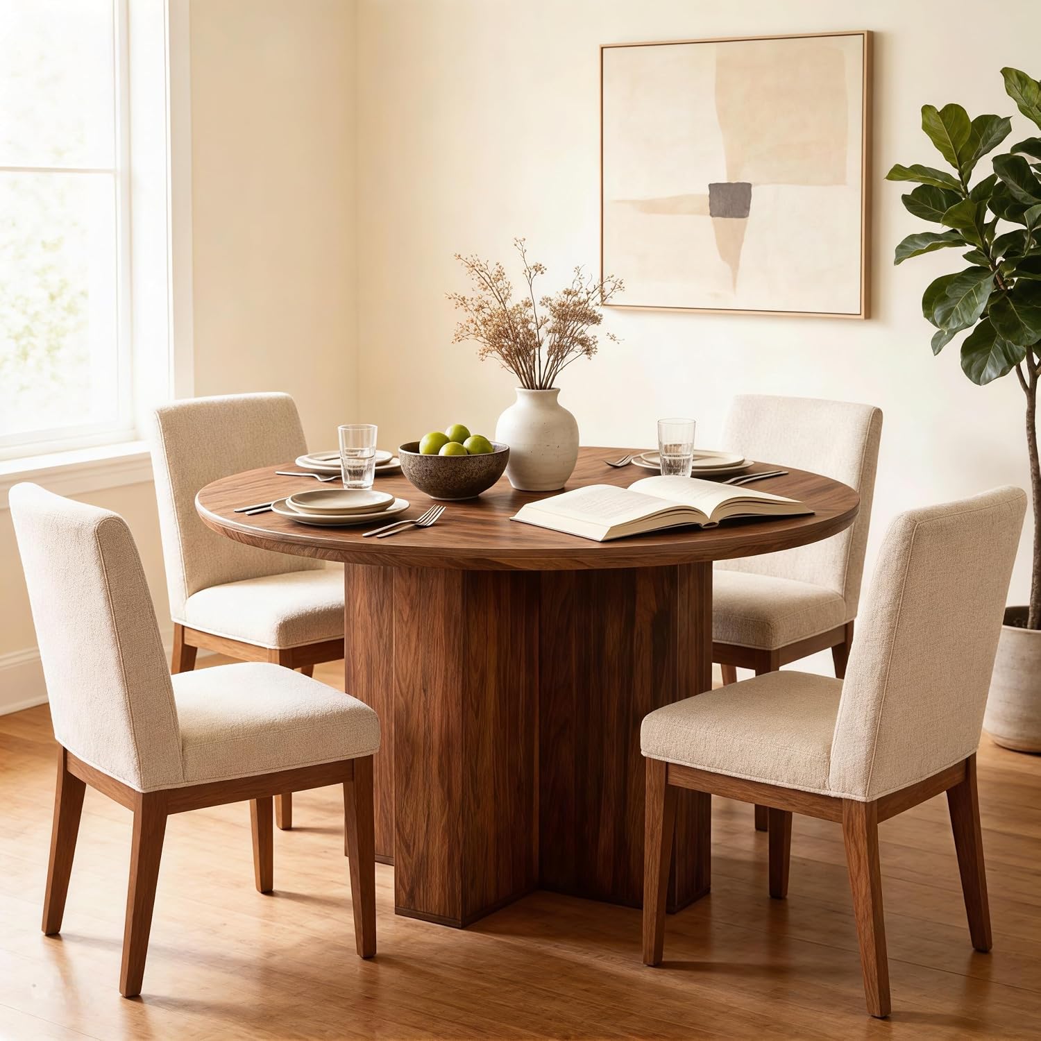 RedLemon Round Dining Table for 4 People, 47' Modern Wood Kitchen Table with Thick Stable Cross Pedestal Base & Curved Edge, Round Dinner Table for Dining Room, Kitchen (Rustic Walnut)