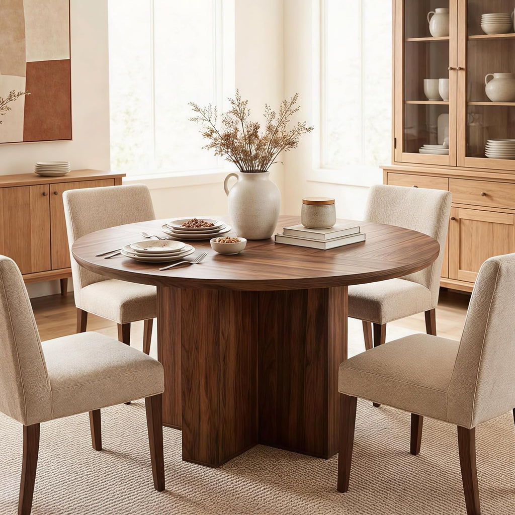 RedLemon Round Dining Table for 4 People, 47' Modern Wood Kitchen Table with Thick Stable Cross Pedestal Base & Curved Edge, Round Dinner Table for Dining Room, Kitchen (Rustic Walnut)