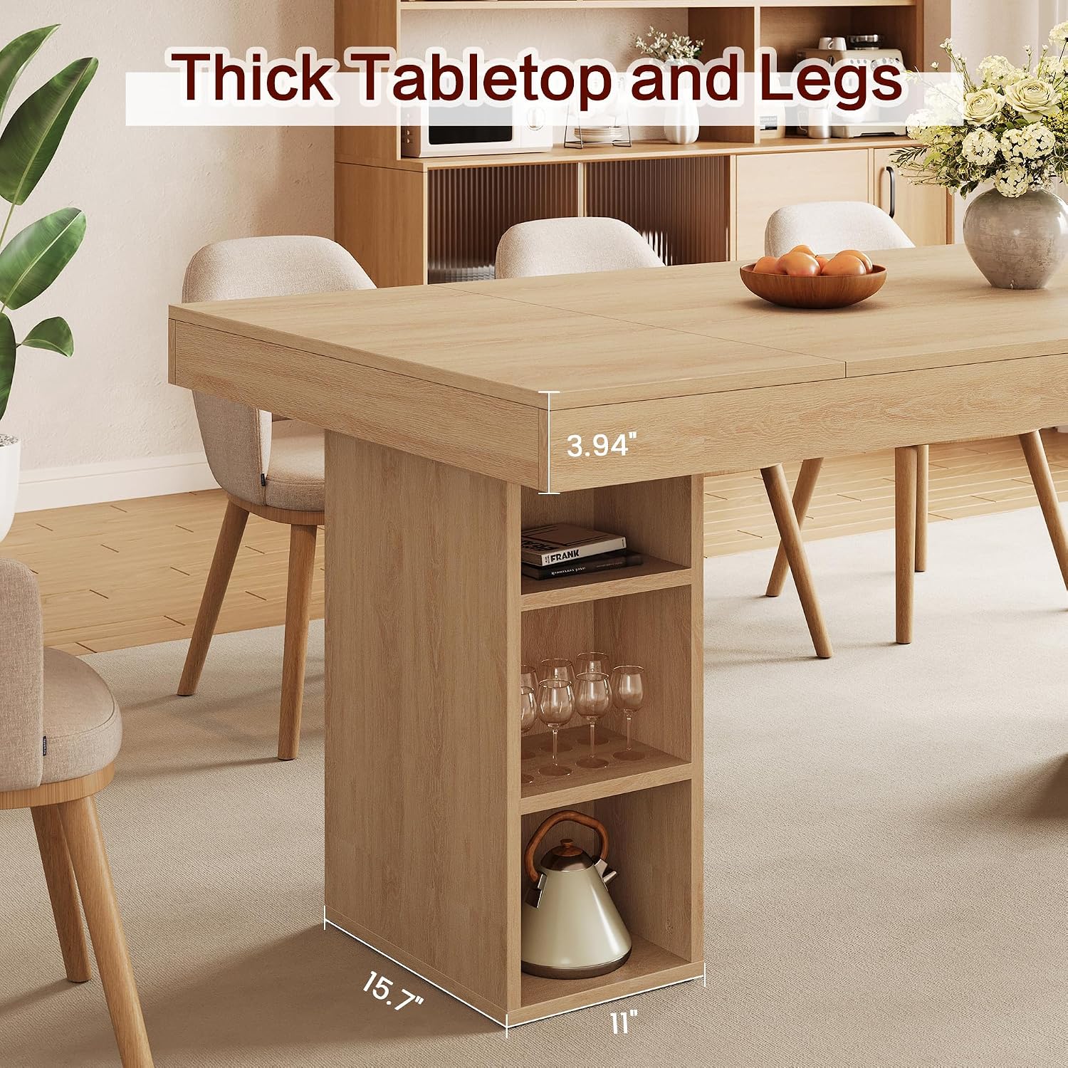 Garvee 63-Inch Large Dining Table for 4-6 with Dual Side Storage, Wooden Kitchen Table w/Large Tabletop & Sturdy Frame, Rectangular Dining Table with Double Pedestal,for Kitchen, Dinner, Light Oak