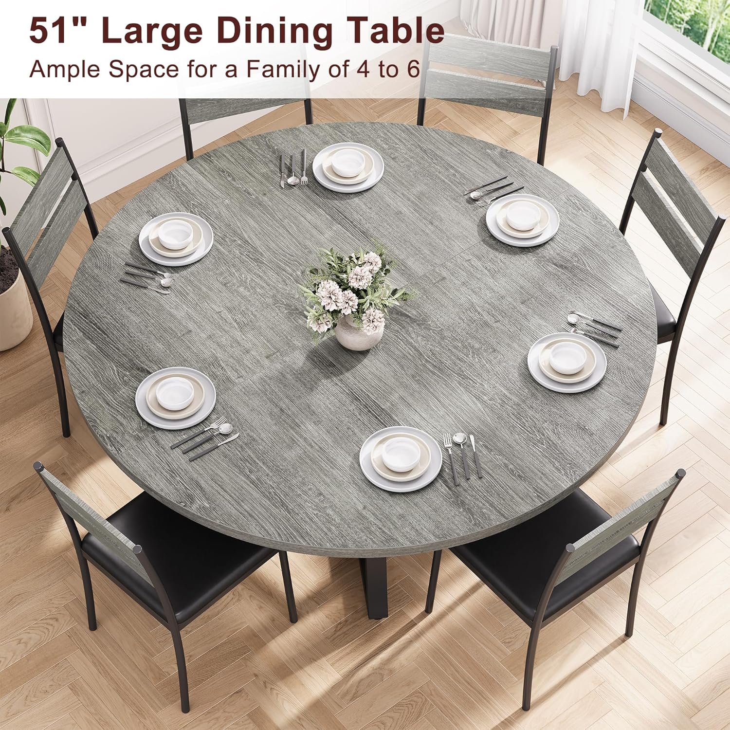 51' Round Dining Table Set for 6, Kitchen Table and Chairs for 4, Circle Table Round Pedestal Dining Room Dinner Dinette Table Set,5 Piece Space Saving Wood Kitchen & Dining Room Tables (Grey, 51In)