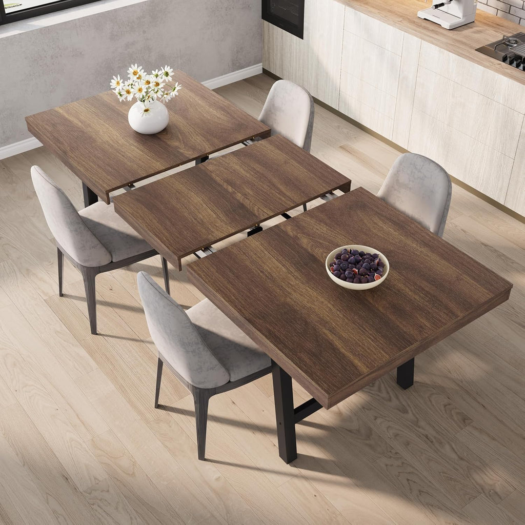 GarveeHome 63-83' Extendable Dining Table, Industrial Rectangular Dining Room Table for 6-8 People, Expandable Kitchen Table with Heavy Duty Metal Frame for Dining Room, Kitchen & Parties, Brown