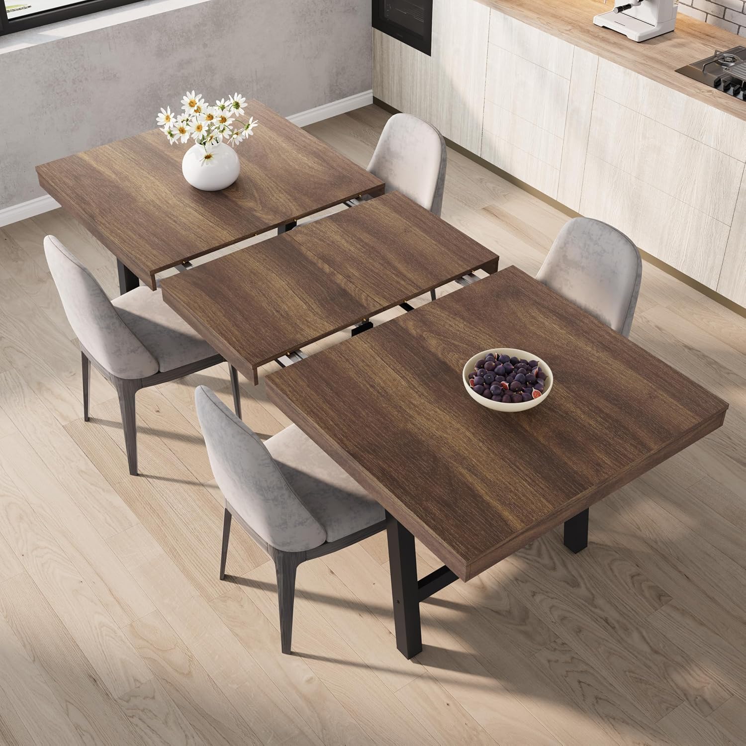 GarveeHome 63-83' Extendable Dining Table, Industrial Rectangular Dining Room Table for 6-8 People, Expandable Kitchen Table with Heavy Duty Metal Frame for Dining Room, Kitchen & Parties, Brown