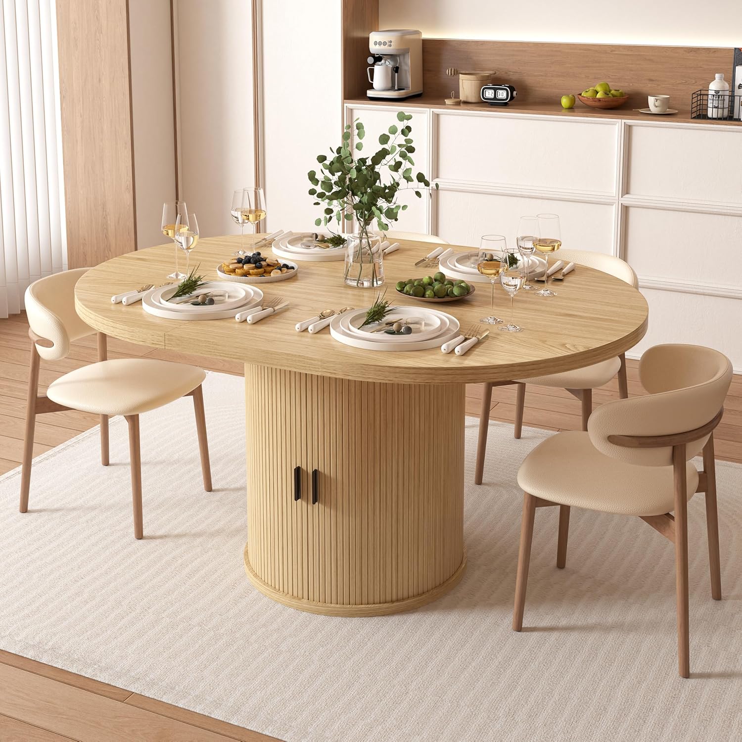 Vipbear Extendable Dining Table 43-59' for 4-6 People, Solid Wood Top with Fluted Slide Door & 8-Compartment Storage, Space Saving Round Dining Room Kitchen Dinner Tables Furniture with Pedestal Base