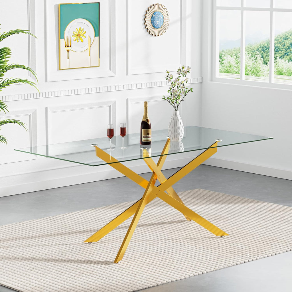 60' Glass Dining Table Modern Kitchen Table for 4-6 People, Contemporary Rectangular Dining Room Dinner Tables with Clear Glass Top & Gold Metal X Legs for Kitchen Apartment