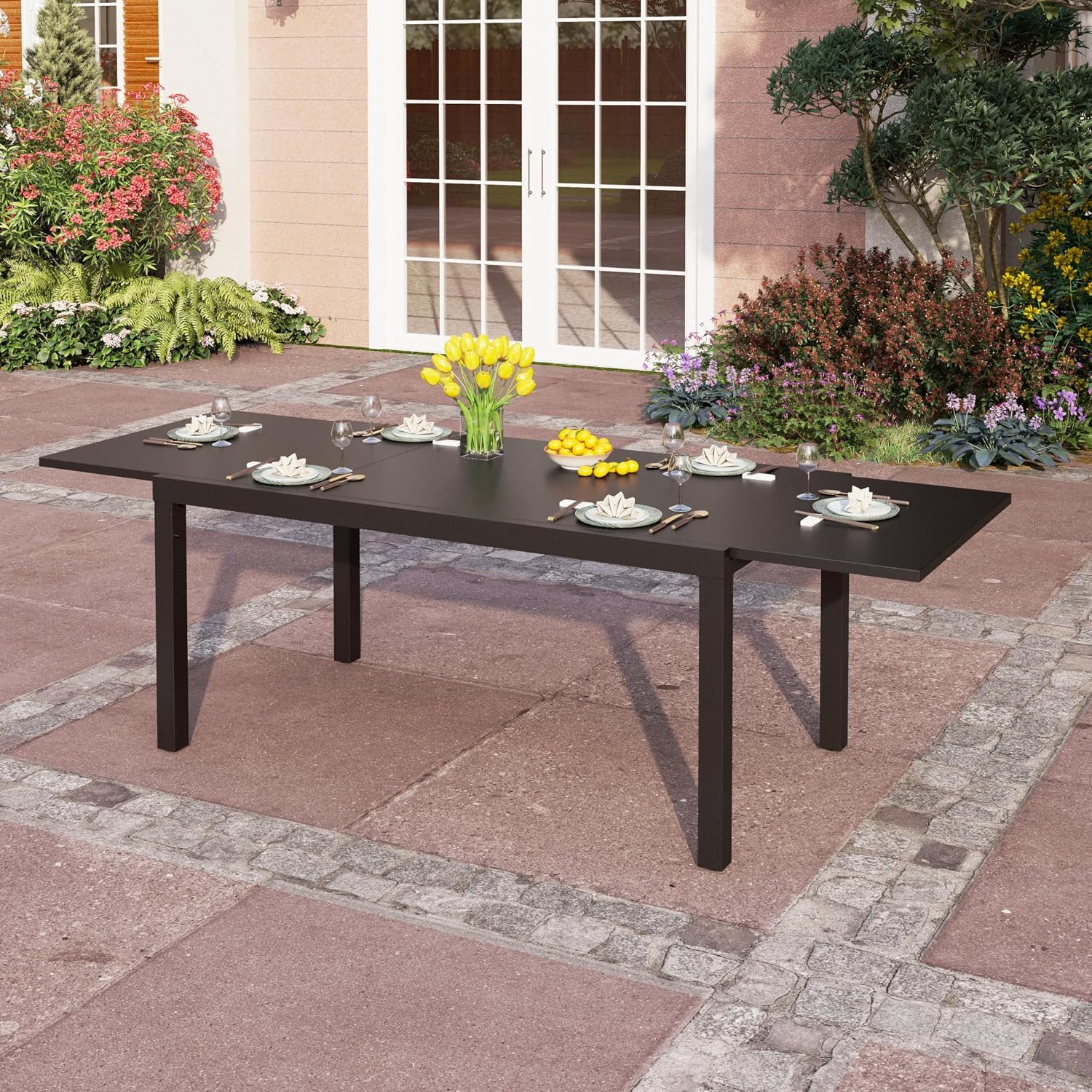 PHI VILLA Extra Large Expandable Patio Dining Table 99.2' × 35.5' Metal Outdoor Table for 6-10 Person, Metal Outdoor Dining Table with E-Coating for Garden Deck Yard- (Black)