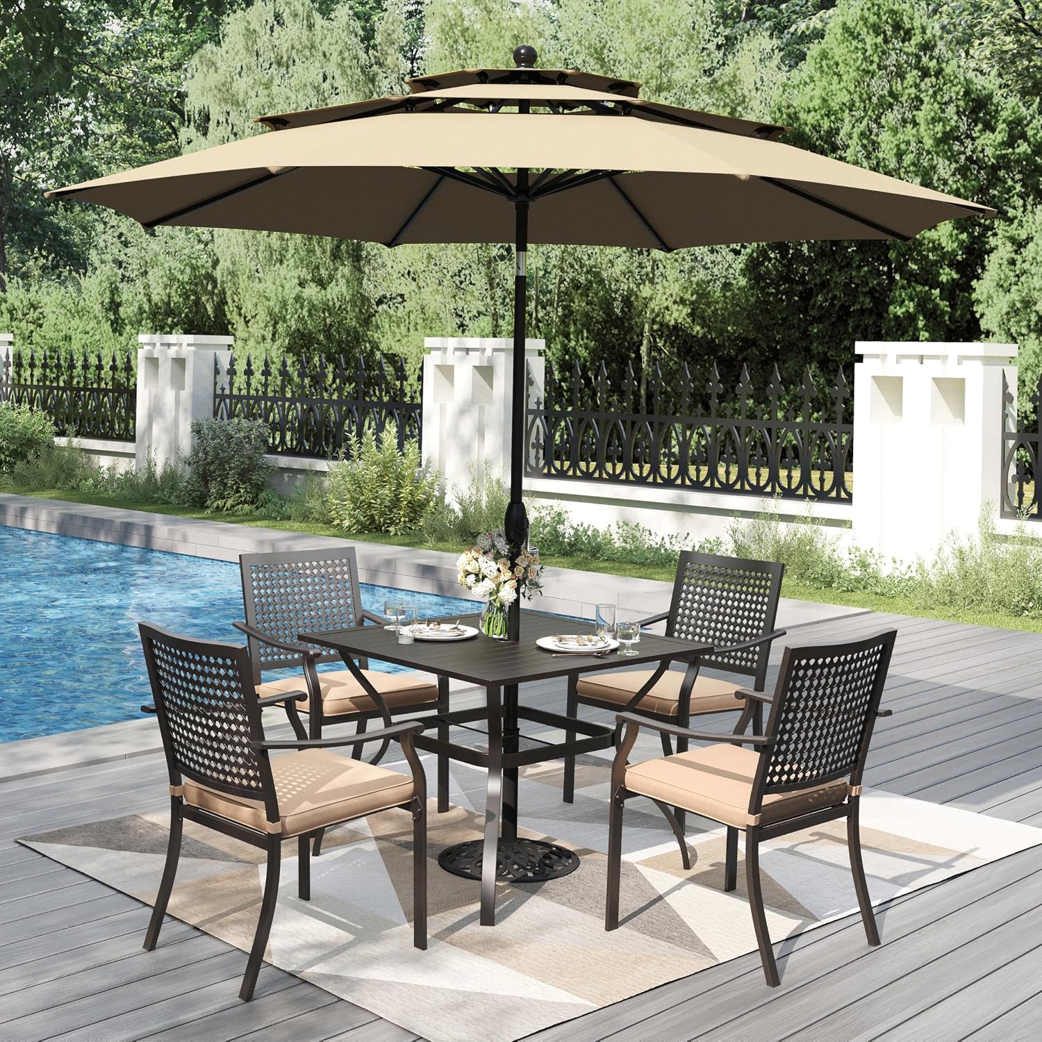 PHI VILLA 37 Inch Outdoor Dining Table Metal Steel Slat Square Patio Dining Table with 1.57' Umbrella Hole for Garden, Backyard and Porch (Classic Black)