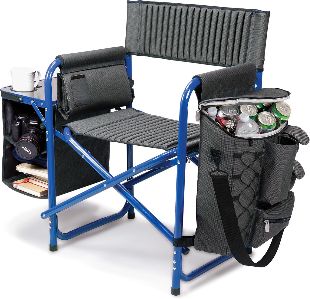 PICNIC TIME Fusion Camping Chair with Side Table and Soft Cooler, Outdoor Foldable Padded Camping Chairs with Cup Holder for Lawn, Beach, & Sports Use for Adults, (Dark Gray Blue Accents)