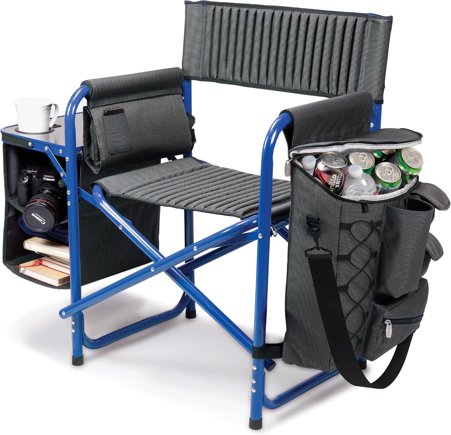 PICNIC TIME Fusion Camping Chair with Side Table and Soft Cooler, Outdoor Foldable Padded Camping Chairs with Cup Holder for Lawn, Beach, & Sports Use for Adults, (Dark Gray Blue Accents)
