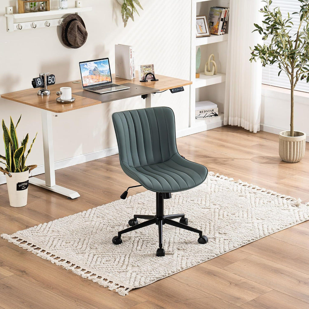 YOUNIKE Ergonomic Armless Office Chair Faux Leather Small Cute Desk Chair with 12° Rocking Back Adjustable Height Swivel Vanity Chair Compact Computer Rolling Task Chair for Small Spaces Greyish Green