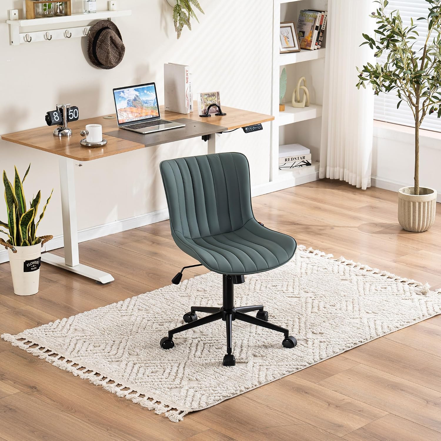 YOUNIKE Ergonomic Armless Office Chair Faux Leather Small Cute Desk Chair with 12° Rocking Back Adjustable Height Swivel Vanity Chair Compact Computer Rolling Task Chair for Small Spaces Greyish Green