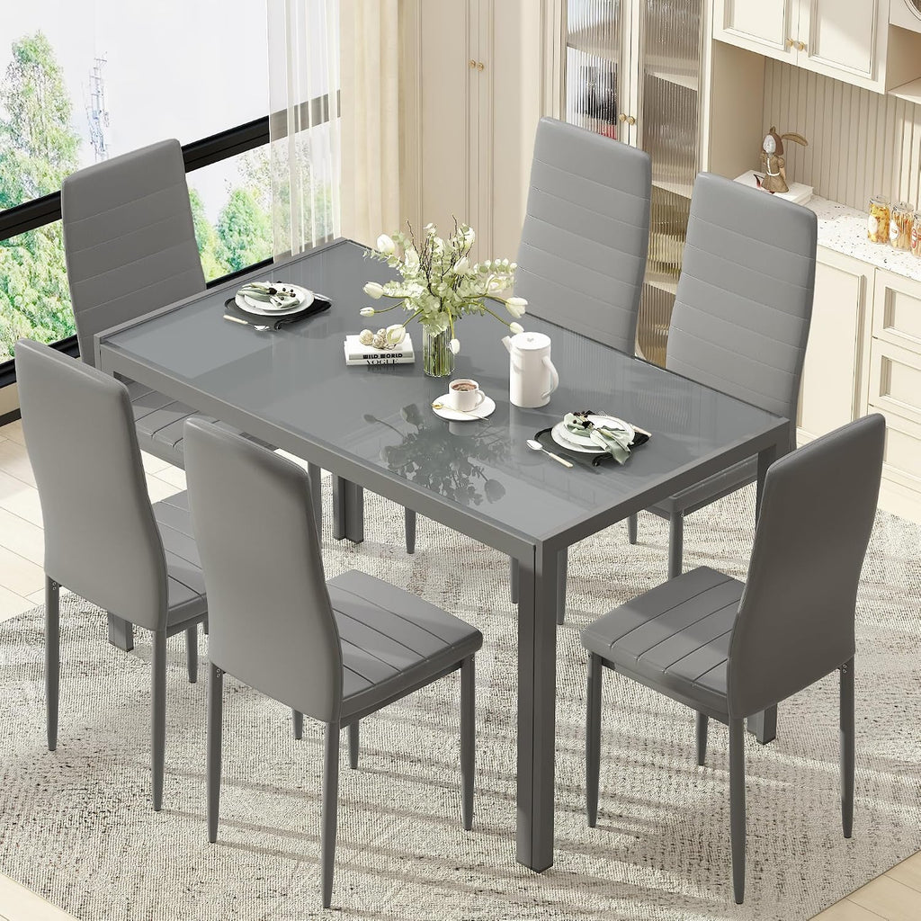 Recaceik 7 Piece Dining Table Set for 6, Tempered Glass Kitchen Table and PU Leather Chairs, Modern Dining Room Table Set for Small Space, Apartment