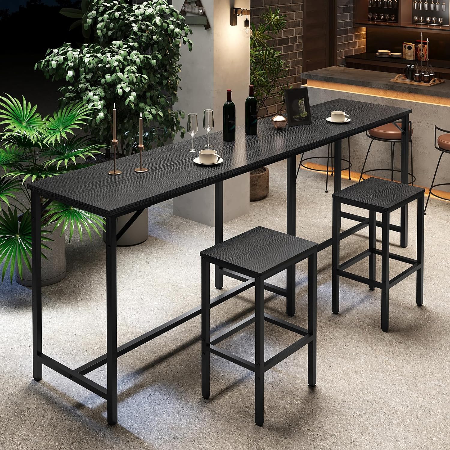 YATINEY 70.9' Bar Table and Chairs Set, Dining Table and Chair Sets, 3 Piece Counter Height Table and 2 Stools, Kithcen Table for Home Restaurant, Bar, Black BT09BB