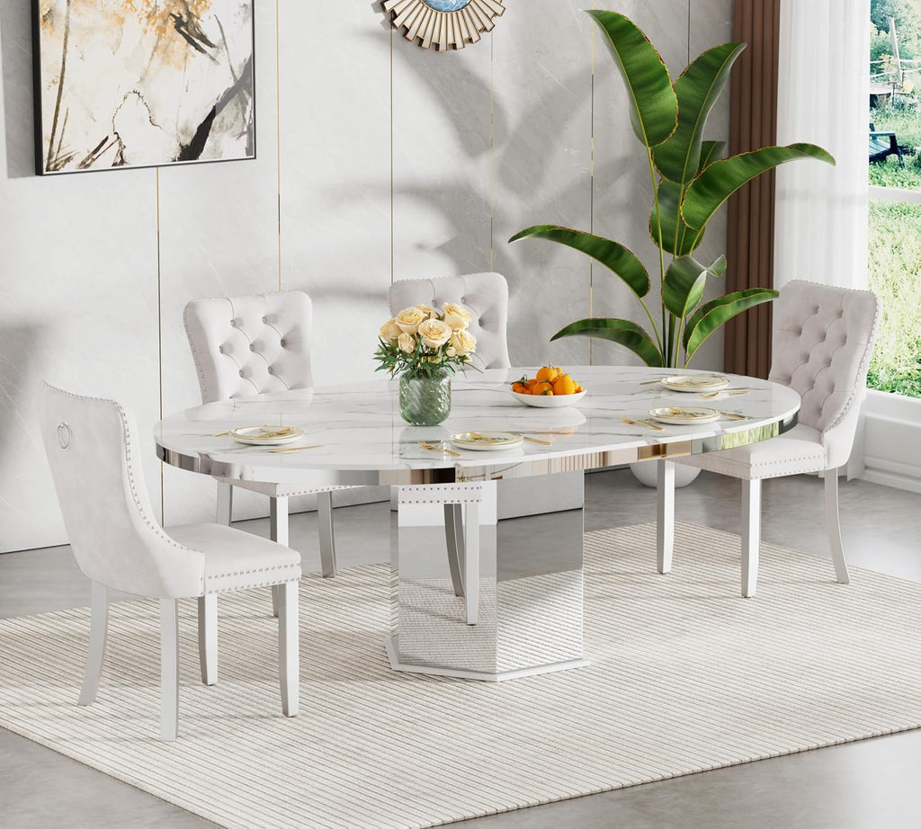 5 Pieces 47'-63' White Faux Marble Extendable Dining Table Set, Round Expanding Kitchen and Dining Room Table Set for 4 with Mirrored Acrylic Base & Beige Velvet Upholstered Chairs