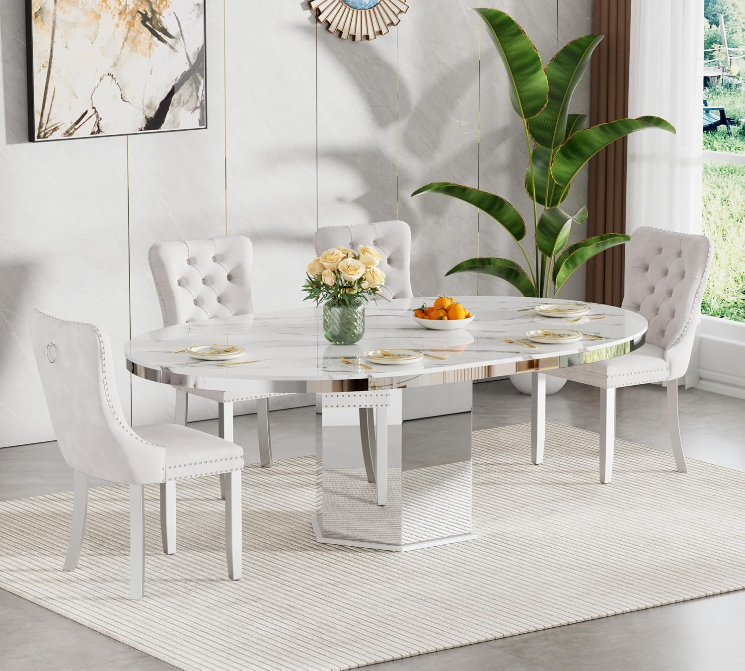 5 Pieces 47'-63' White Faux Marble Extendable Dining Table Set, Round Expanding Kitchen and Dining Room Table Set for 4 with Mirrored Acrylic Base & Beige Velvet Upholstered Chairs
