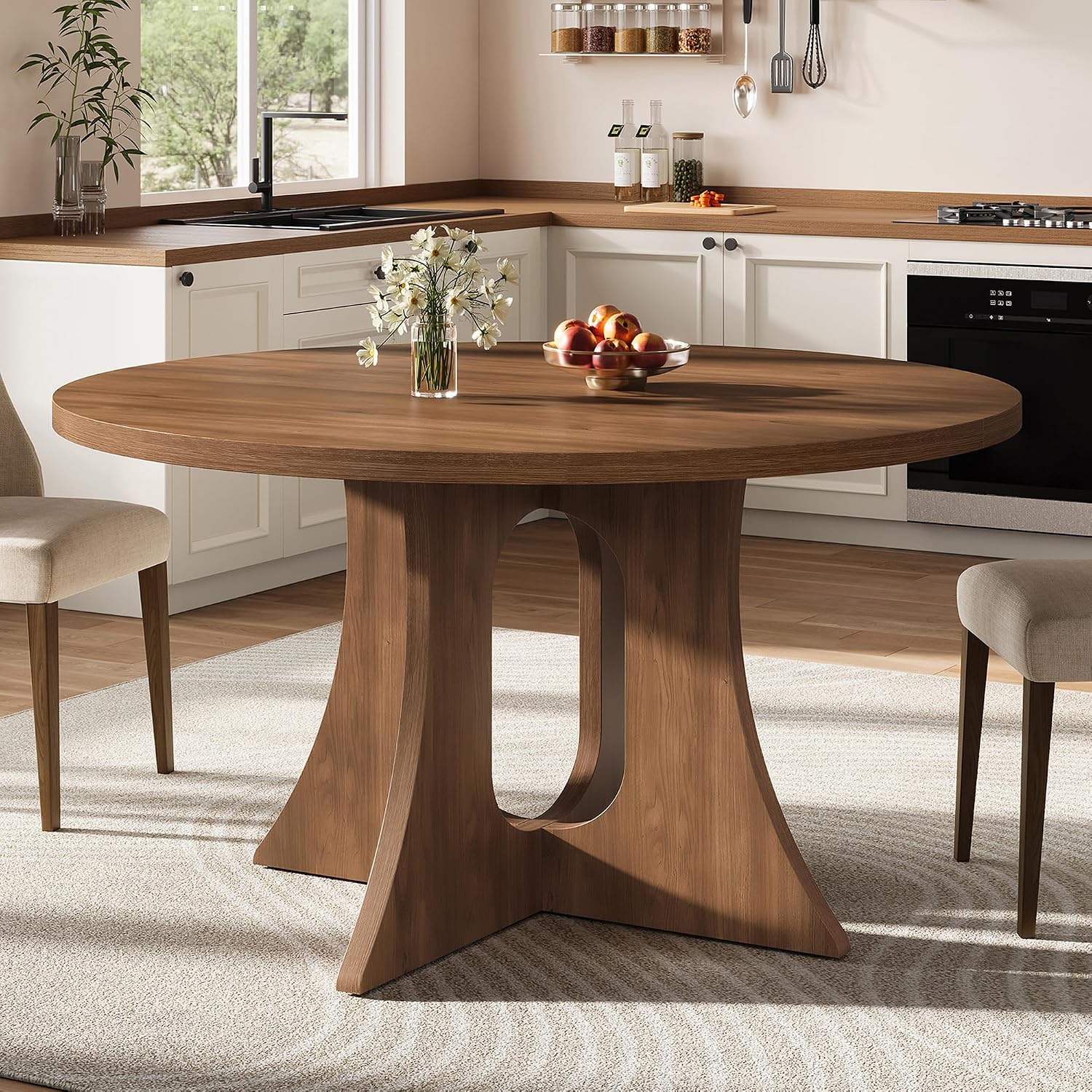 Round Dining Table for 4-6 People, 43.3 Inch Circle Kitchen Table with Sturdy Legs & Adjustable Foot Pads, Modern Farmhouse Dinner Table for Dining Room and Apartment, Walnut