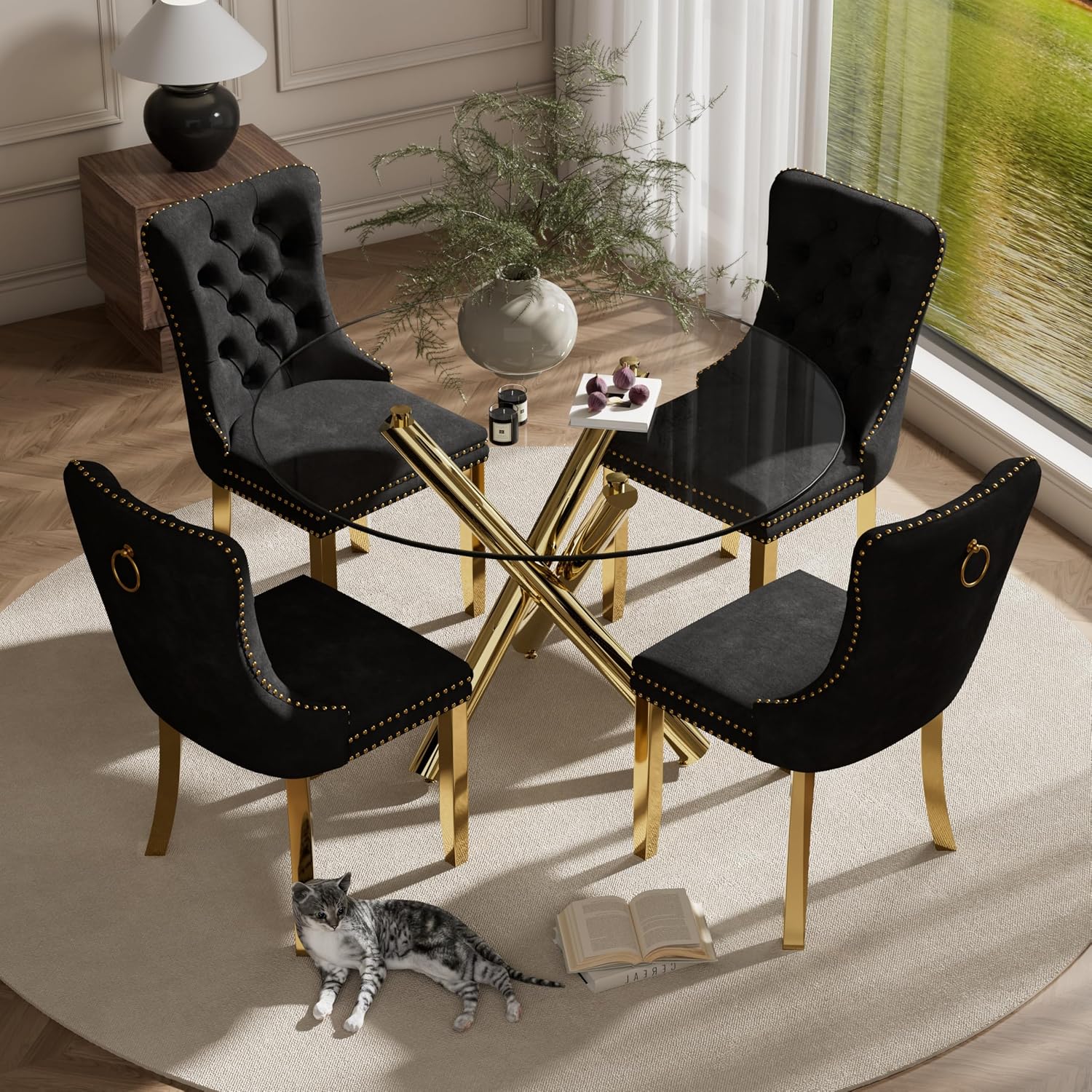 5 Pieces Gold Round Glass Dining Table Set, Modern Luxury Circle Kitchen Set for 4, 39'' Clear Minimalist Circular Glass Top Dinner Room Set, Black High-end Tufted Chairs, for Small Place