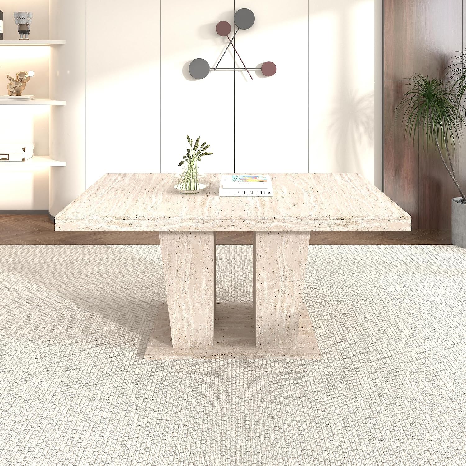 78.74'' Extendable Rectangular Dining Table for 4-8, Modern Mid-Century Wood Expandable Kitchen Dinner Conference Table for Living Room Office, Veined Travertine Pattern, Beige