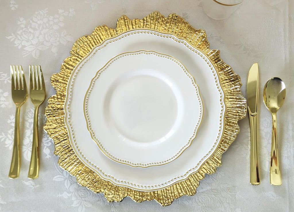 ' OCCASIONS ' 640pcs set (80 Guests)-Heavyweight Wedding Party Disposable Plastic Plate Set -80 x 10.25'' + 80 x 7.5'' + Silverware + Cups + Napkins (Rochelle White and Gold)