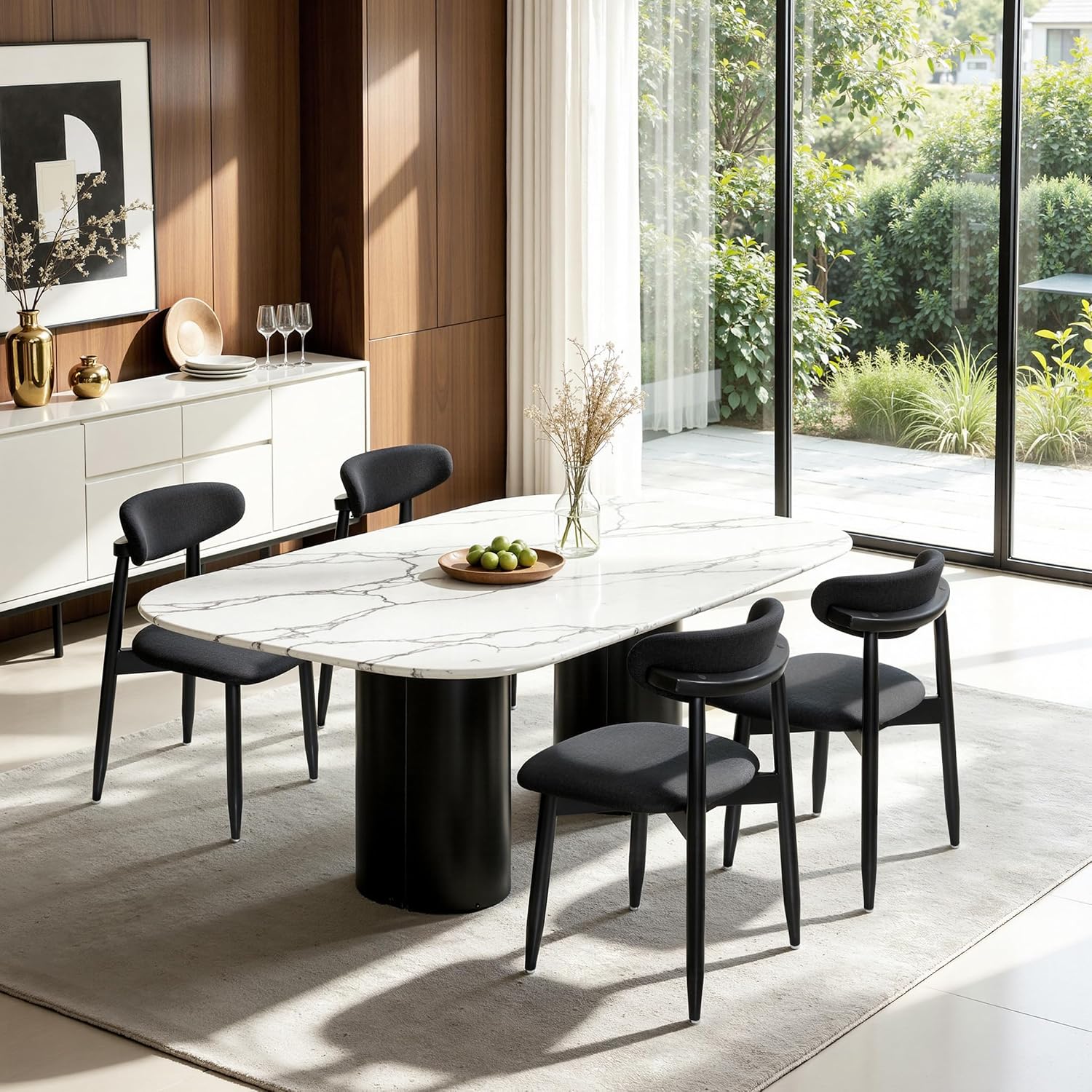 CHUN YI Dining Chairs Set of 4, Upholstered Solid Wood Dining Room Chairs, Mid Century Modern Fabric Kitchen Chairs with Ergonomic Curved Back, Black (Only Chairs)