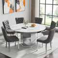 7 Pieces 47'-63' White Faux Marble Extendable Dining Table Set, Round Expanding Kitchen and Dining Room Table Set for 6 with Mirrored Acrylic Base & Grey Velvet Upholstered Chairs