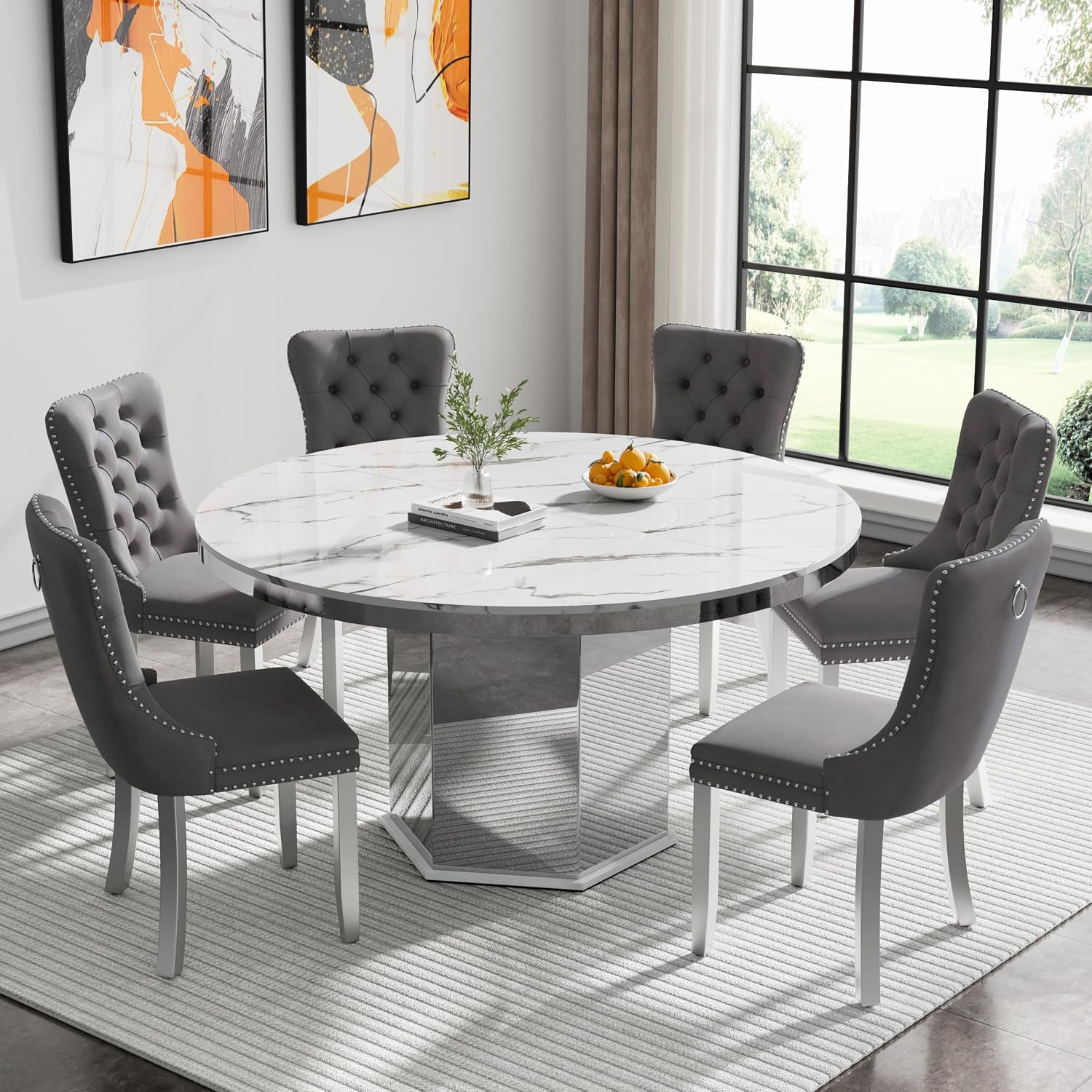 7 Pieces 47'-63' White Faux Marble Extendable Dining Table Set, Round Expanding Kitchen and Dining Room Table Set for 6 with Mirrored Acrylic Base & Grey Velvet Upholstered Chairs