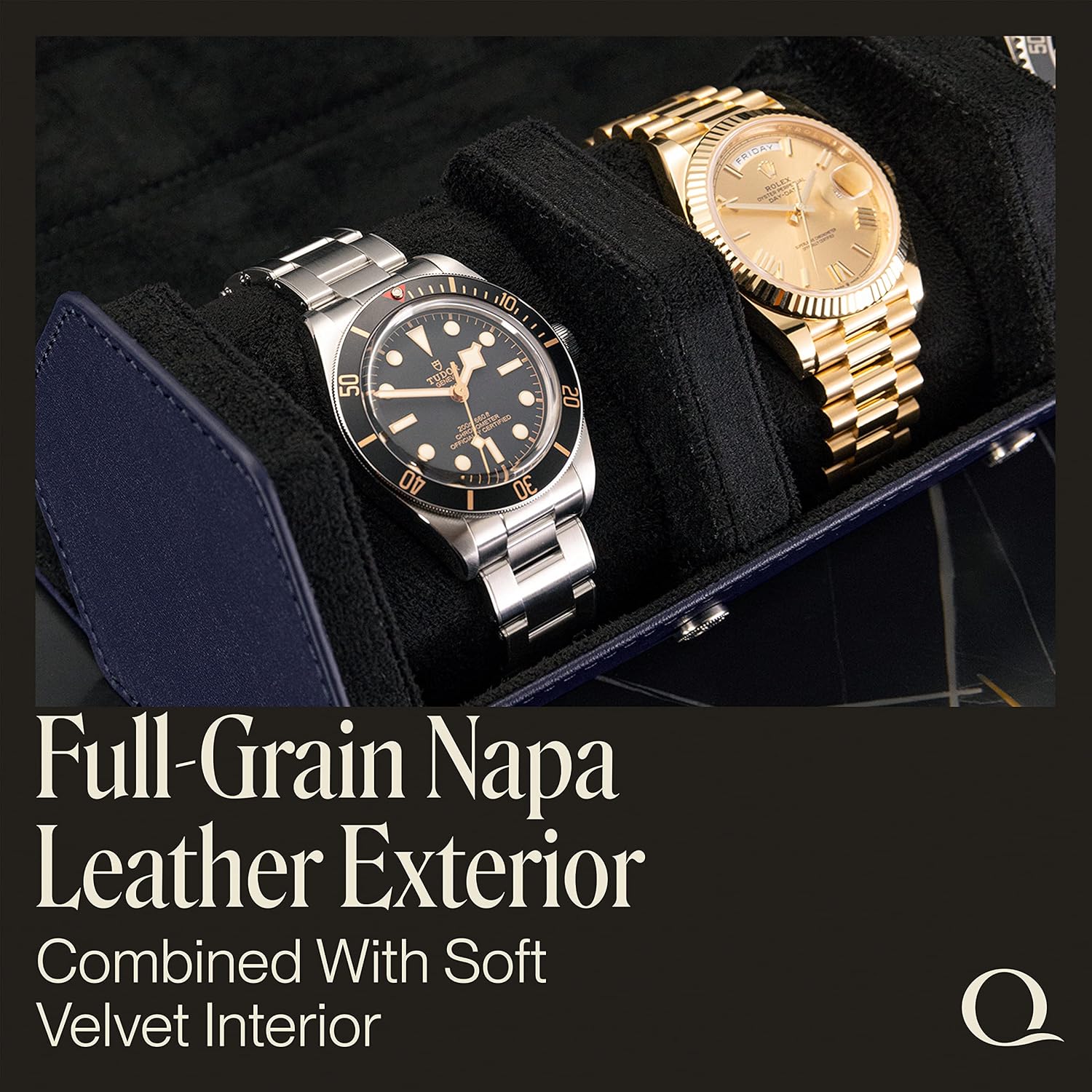 QWATCHBANDS Napa Leather Watch Rolls for Men - Hexagon Triple Watch Roll Travel Case for 3 Watches - Storage Organizer Genuine Leather with Velvet Interior Display (Blue/Black)