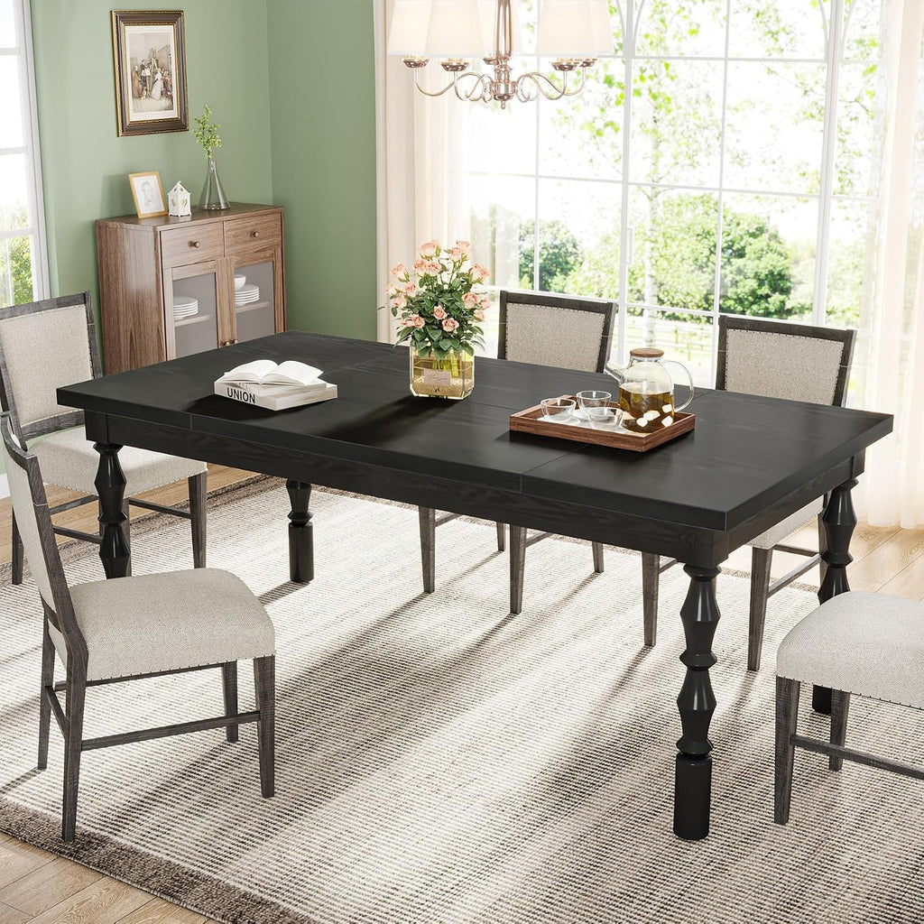 Tribesigns Wood Black Dining Table for 4-6 People, 62' Farmhouse Large Rectangle Kitchen Table, Modern Dinner Table Kitchen & Dining Room Furniture with Carved Turned Legs