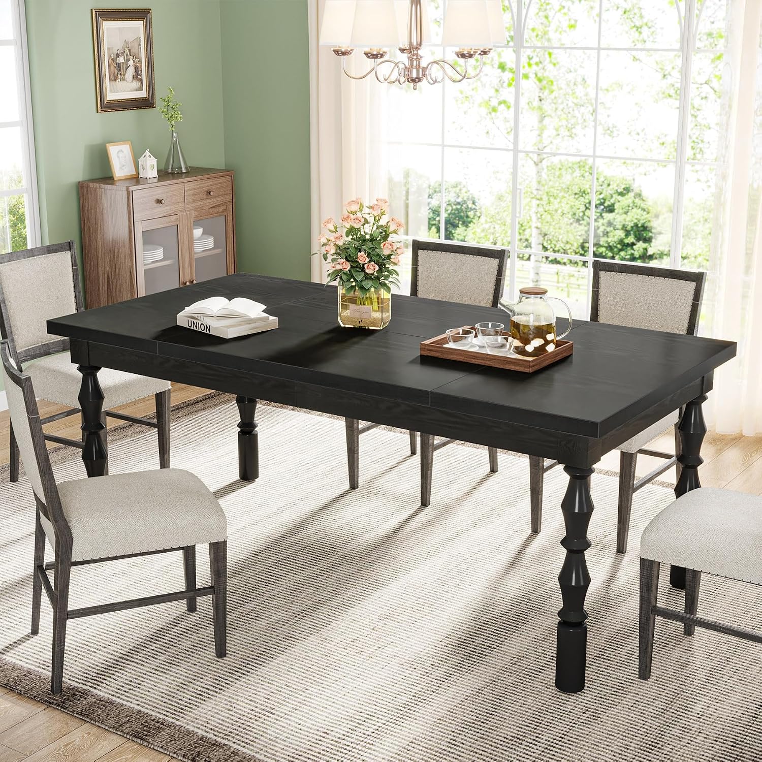 Tribesigns Wood Black Dining Table for 4-6 People, 62' Farmhouse Large Rectangle Kitchen Table, Modern Dinner Table Kitchen & Dining Room Furniture with Carved Turned Legs