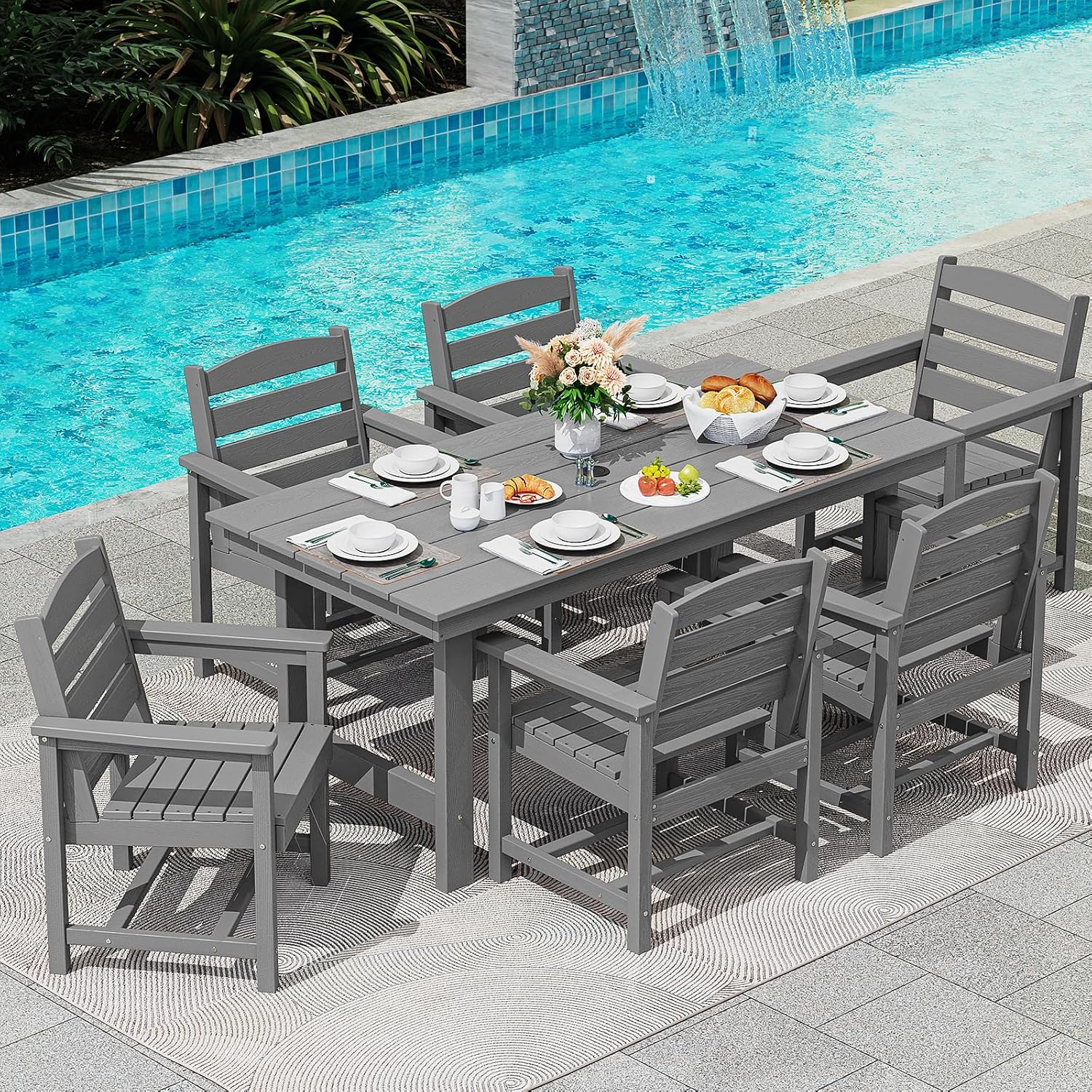 SERWALL Outdoor HDPE Dining Table Set, 7-Piece Outdoor Dining Table Sets with Umbrella Hole Cut-Out Table and 6 Chairs, Gray