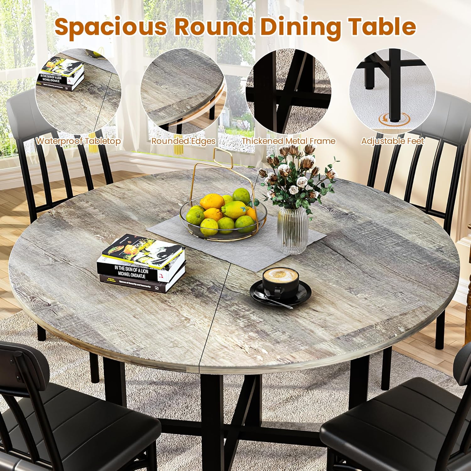 AWQM Round Dining Table Set for 4, Wood Circle Kitchen Table and Chairs Set for 4, Modern Dining Room Sets with 4 Faux Leather Chairs, Round Dinner Table for Small Space, Grey