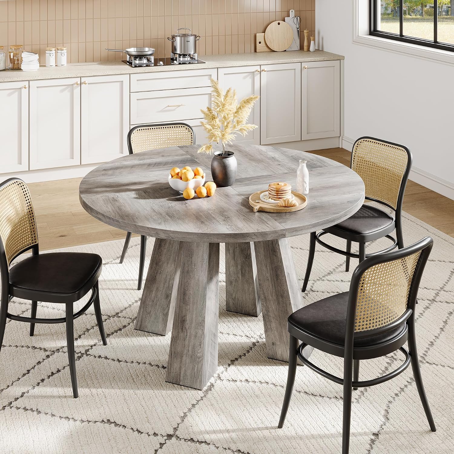 IDEALHOUSE 47' Round Dining Table for 4-6, Wood Kitchen Table with Sturdy Base, Farmhouse Circle Dinner Table for Dining Room, Living Room, 4 Strong Legs, Grey