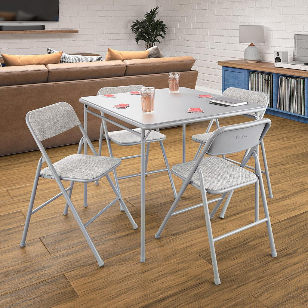 CoscoProducts Premium 5-Piece Table & Chair Dining Set, with 34' Vinyl Top Card Table and 4 Fabric Padded Seat & Back Folding Chairs, Gray
