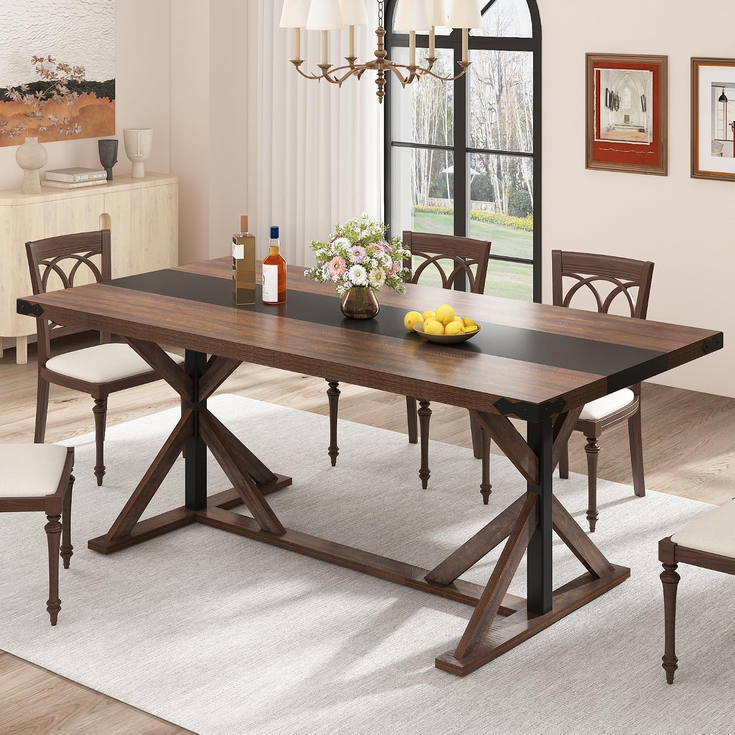 Hlivelood 71 Inch Dining Table for 6 People, Rectangular Kitchen Farmhouse Table W/Thickness Waterproof Wood Tabletop,Long Dining Room Tables W/Wood Strip Base for Kitchen Living Room(BR)
