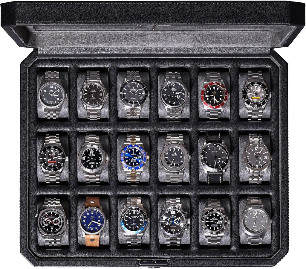 ROTHWELL 18-Slot Watch Case – Luxury Watch Box for Men, Real Glass Top, Lockable, Elegant Display for Collections (Black/Grey)