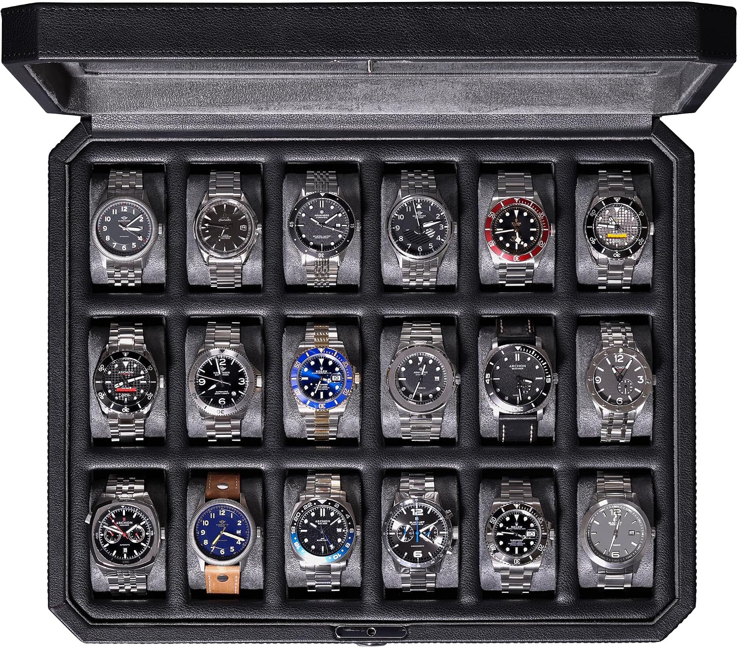 ROTHWELL 18-Slot Watch Case – Luxury Watch Box for Men, Real Glass Top, Lockable, Elegant Display for Collections (Black/Grey)