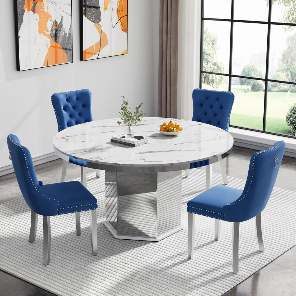 5 Pieces 47'-63' White Faux Marble Extendable Dining Table Set, Round Expanding Kitchen and Dining Room Table Set for 4 with Mirrored Acrylic Base & Blue Velvet Upholstered Chairs