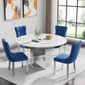 5 Pieces 47'-63' White Faux Marble Extendable Dining Table Set, Round Expanding Kitchen and Dining Room Table Set for 4 with Mirrored Acrylic Base & Blue Velvet Upholstered Chairs