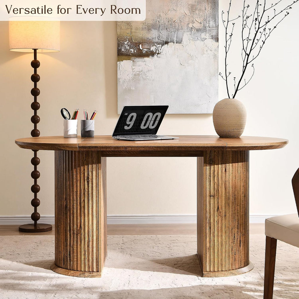 T4TREAM 63' Fluted Oval Dining Table for 4-6, Mid-Century Modern Kitchen Table with Thickened Edge & Semi-Cylindrical Base, Wood Table for Dining Room/Kitchen/Home Office,Gold Rustic Brown(Table Only)