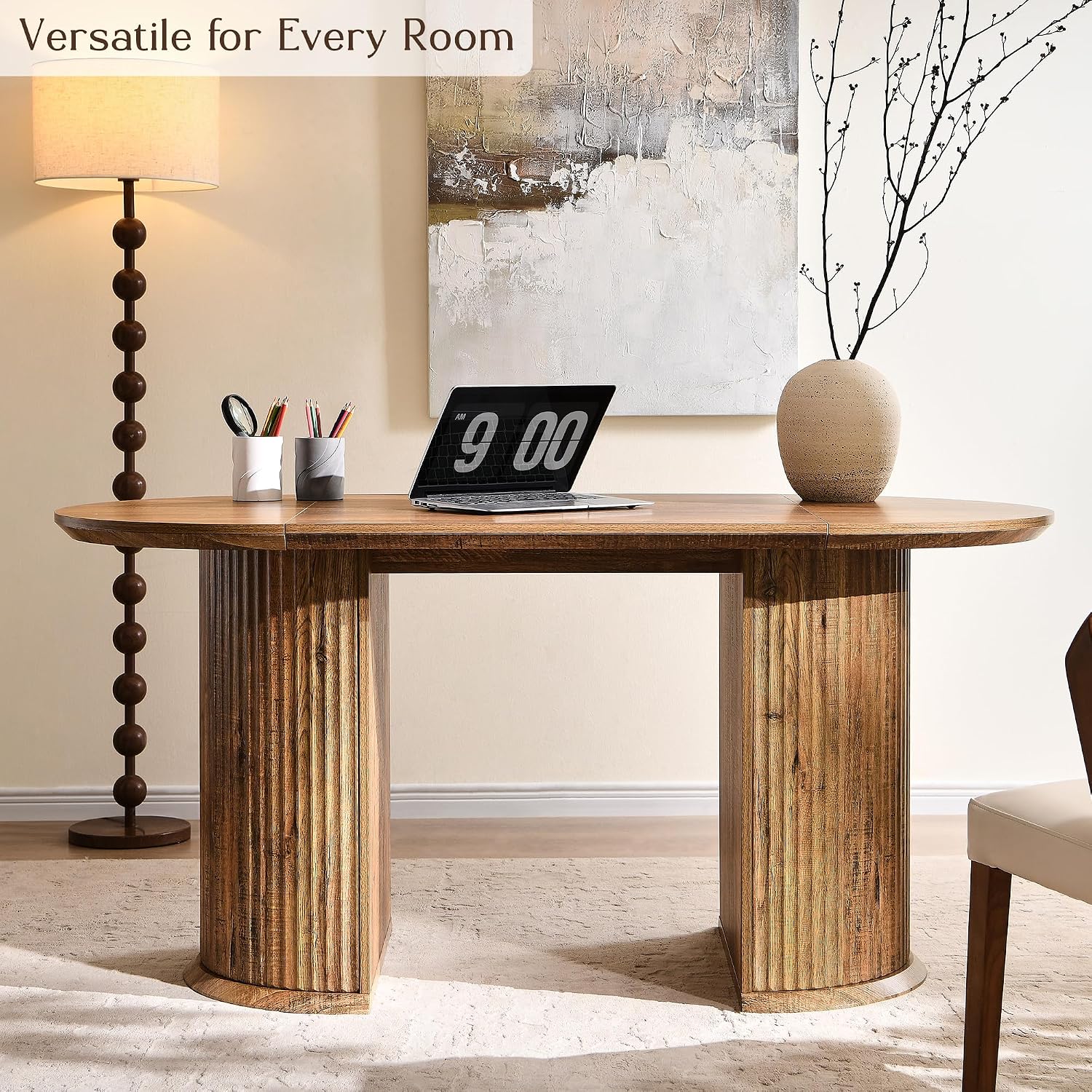 T4TREAM 63' Fluted Oval Dining Table for 4-6, Mid-Century Modern Kitchen Table with Thickened Edge & Semi-Cylindrical Base, Wood Table for Dining Room/Kitchen/Home Office,Gold Rustic Brown(Table Only)