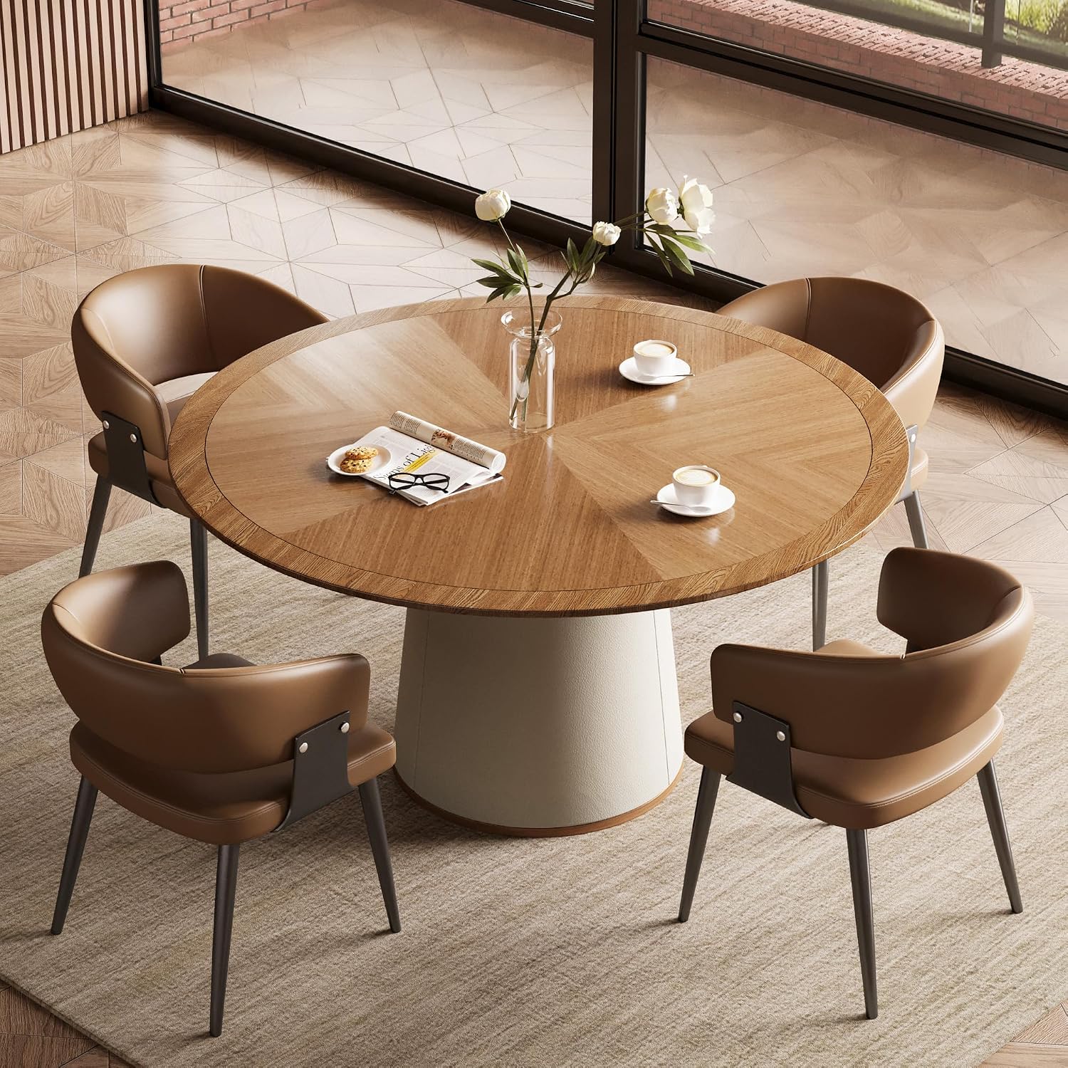 Round Faux Leather Base Dining Table for 4-6 People, Modern Wood Kitchen Table with Solid Veneer Top, 59.05' (59.1 inches (Diameter) x 29.8 inches (Height))