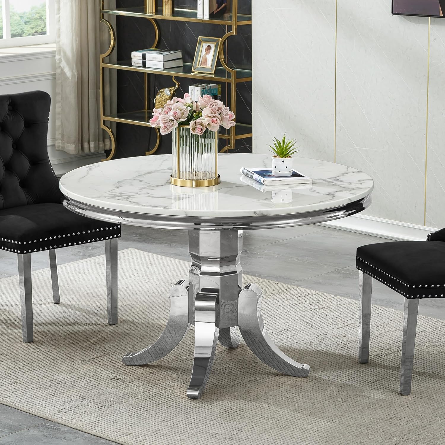 45 in Round Marble Dining Table for 4 to 6, Modern Circular White Faux Marble Kitchen Table with Silver Stainless Steel Leg, Round Kitchen Dining Room Table for Breakfast Dinette Dinner Dinning Room