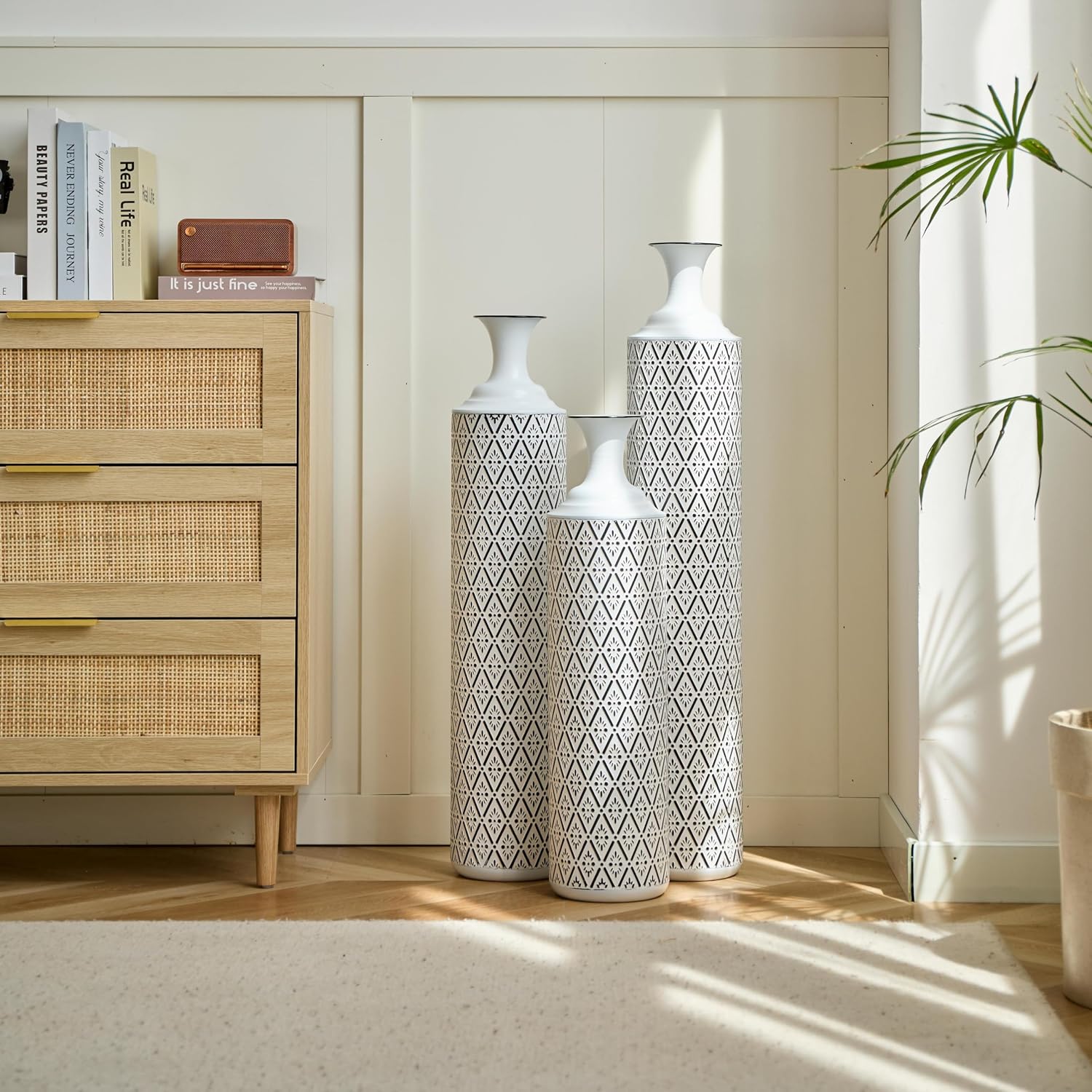 Tall Floor Vases Set of 3 - Modern White Metal Vases with Black Geometric Pattern, Decorative Cylinder Vase for Living Room, Home Decor, Entryway & Wedding Centerpieces (White+Black Rhombus)