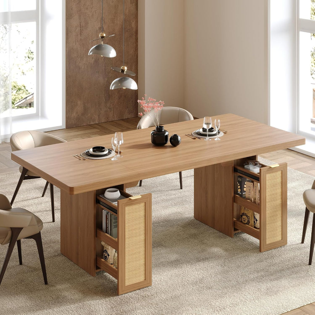 LIKIMIO 78.7' Farmhouse Dining Table for 6-8 People, Extra Thick Wood Top with 2 Hidden Adjustable Storage Drawers, Modern Woven Rattan Table for Dining Room, Kitchen, Living Room, Rustic White